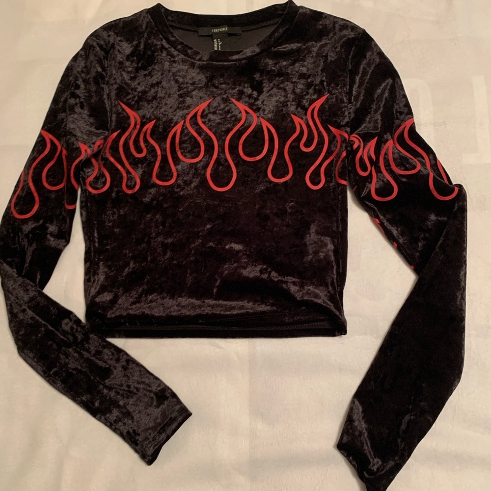 Black Velvet Red Flame Long Sleeve Crop Top Shirt